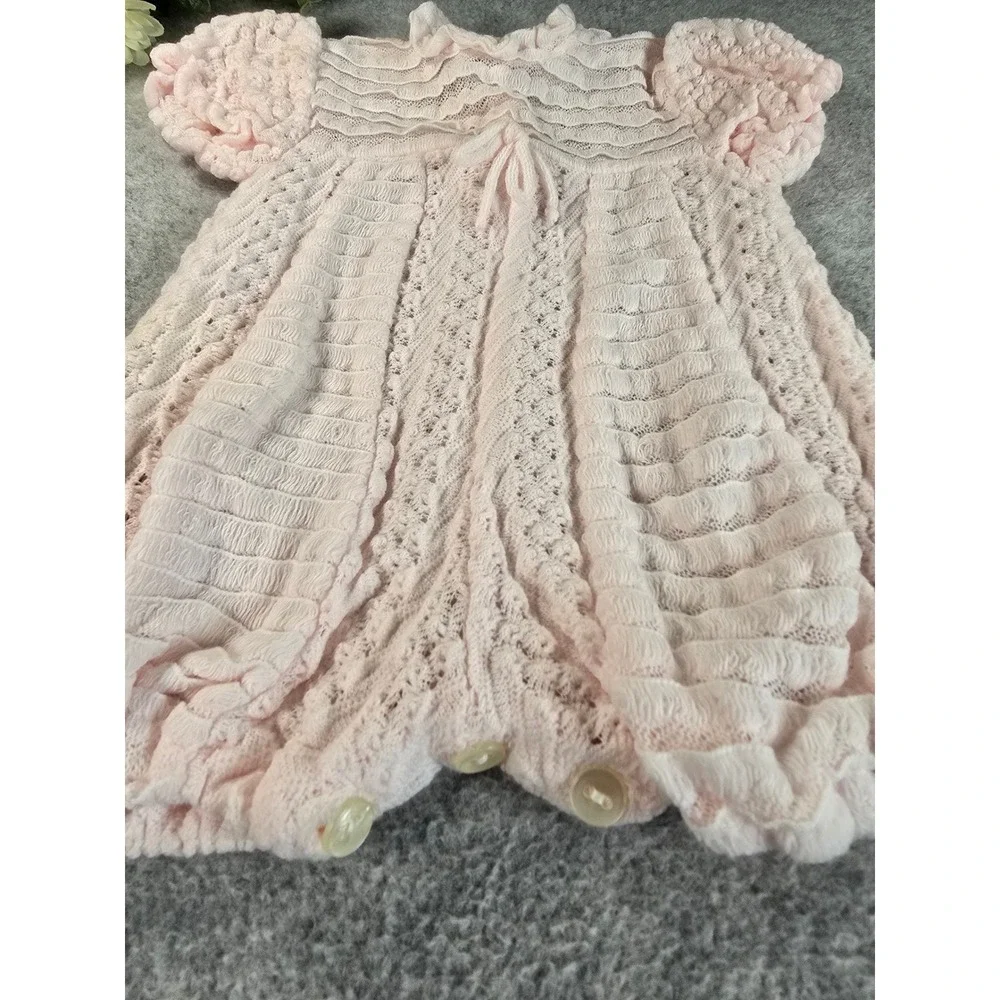 Vintage 80s Baby Girl Pink Knit Romper Portugal Pointelle Bubble One Piece 0-6M